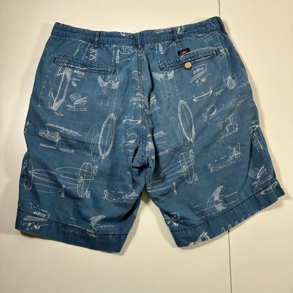 Faherty Linen Blend Shorts 32 Blue Linen Surfboard Beach Blueprint All Over AOP